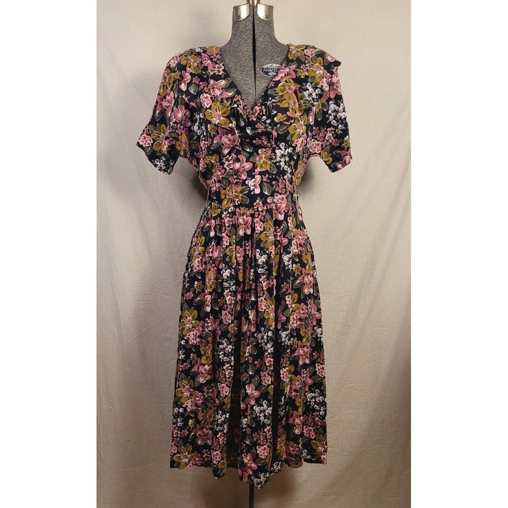 Vintage Floral Dress 70s 80s Volup Size‎ Large Midi Maxi Ruffles Fit Flare